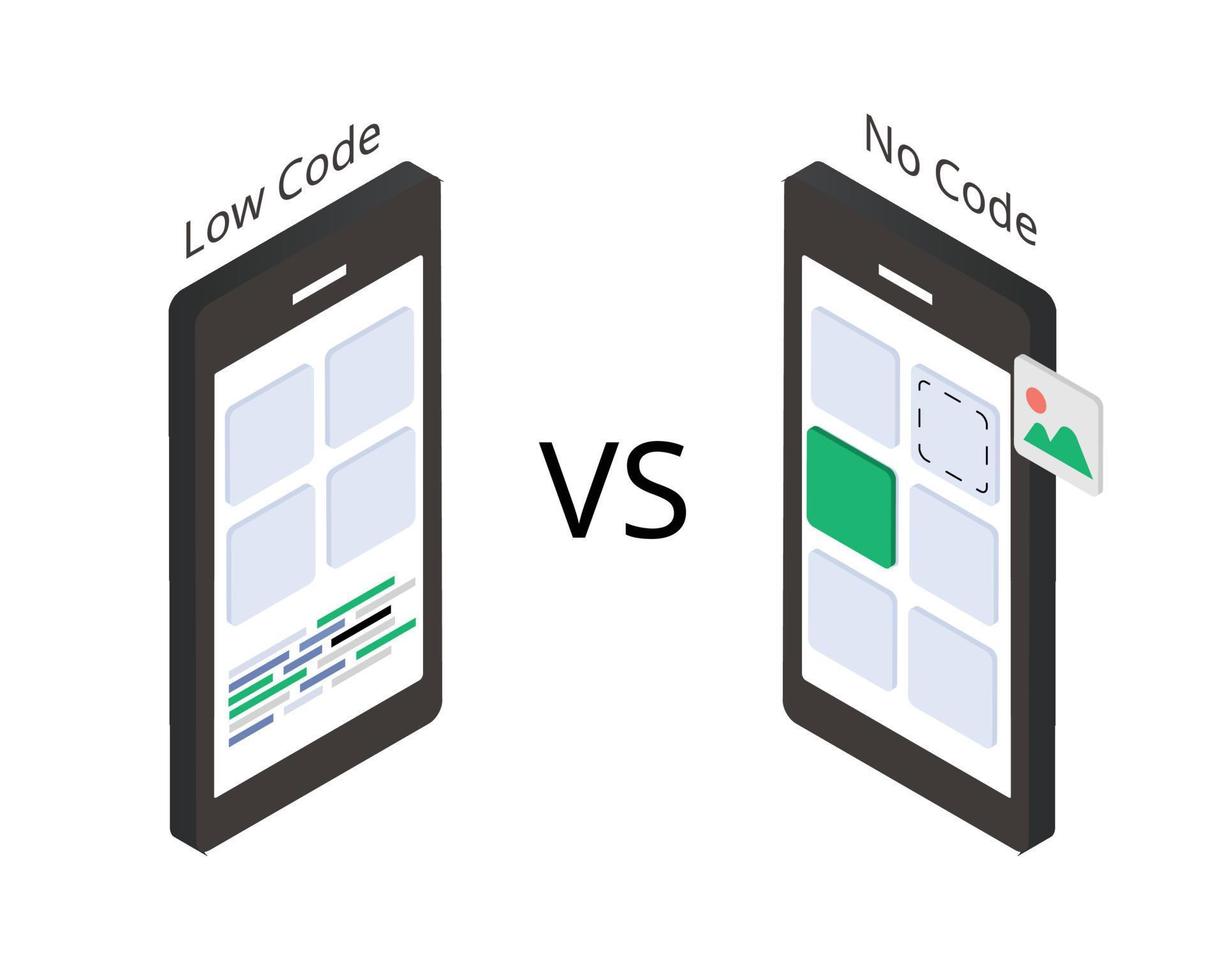 jämföra de skillnad av låg koda och Nej koda utveckling plattform vektor