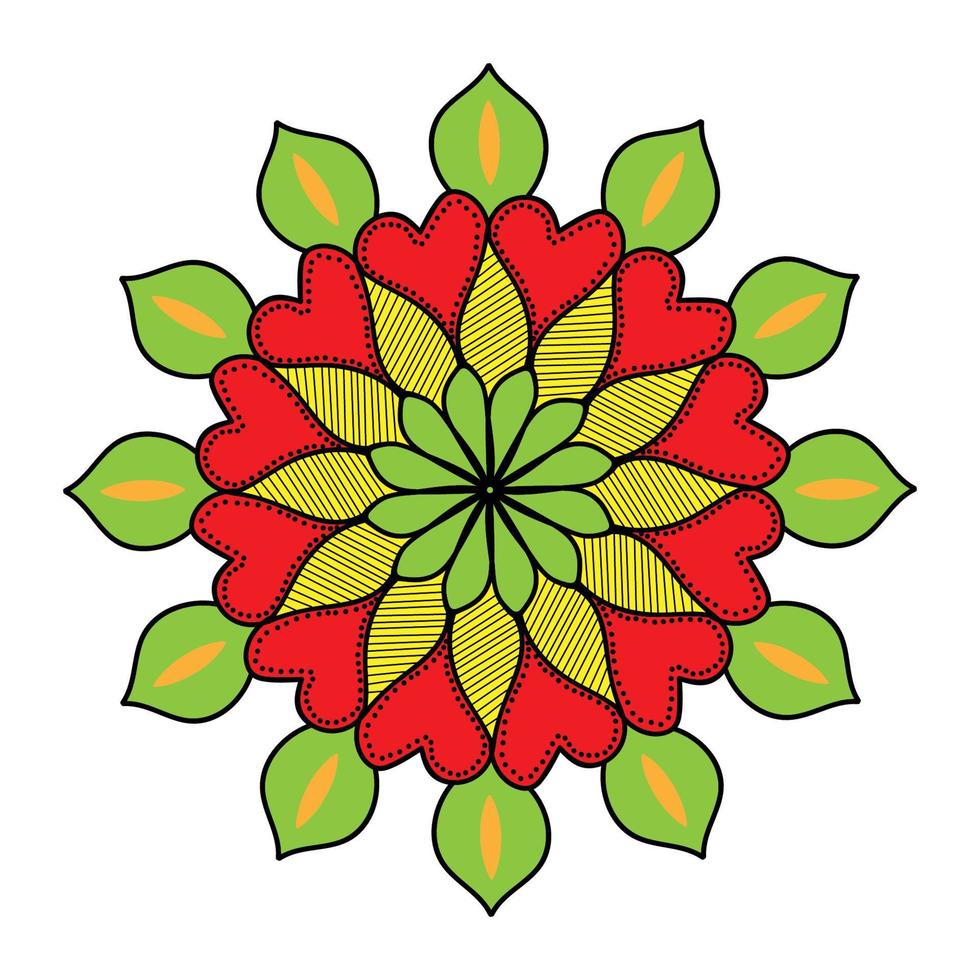 Vektor handgezeichnete Doodle-Mandala mit Herzen. ethnisches mandala mit bunter verzierung. helle Farben.