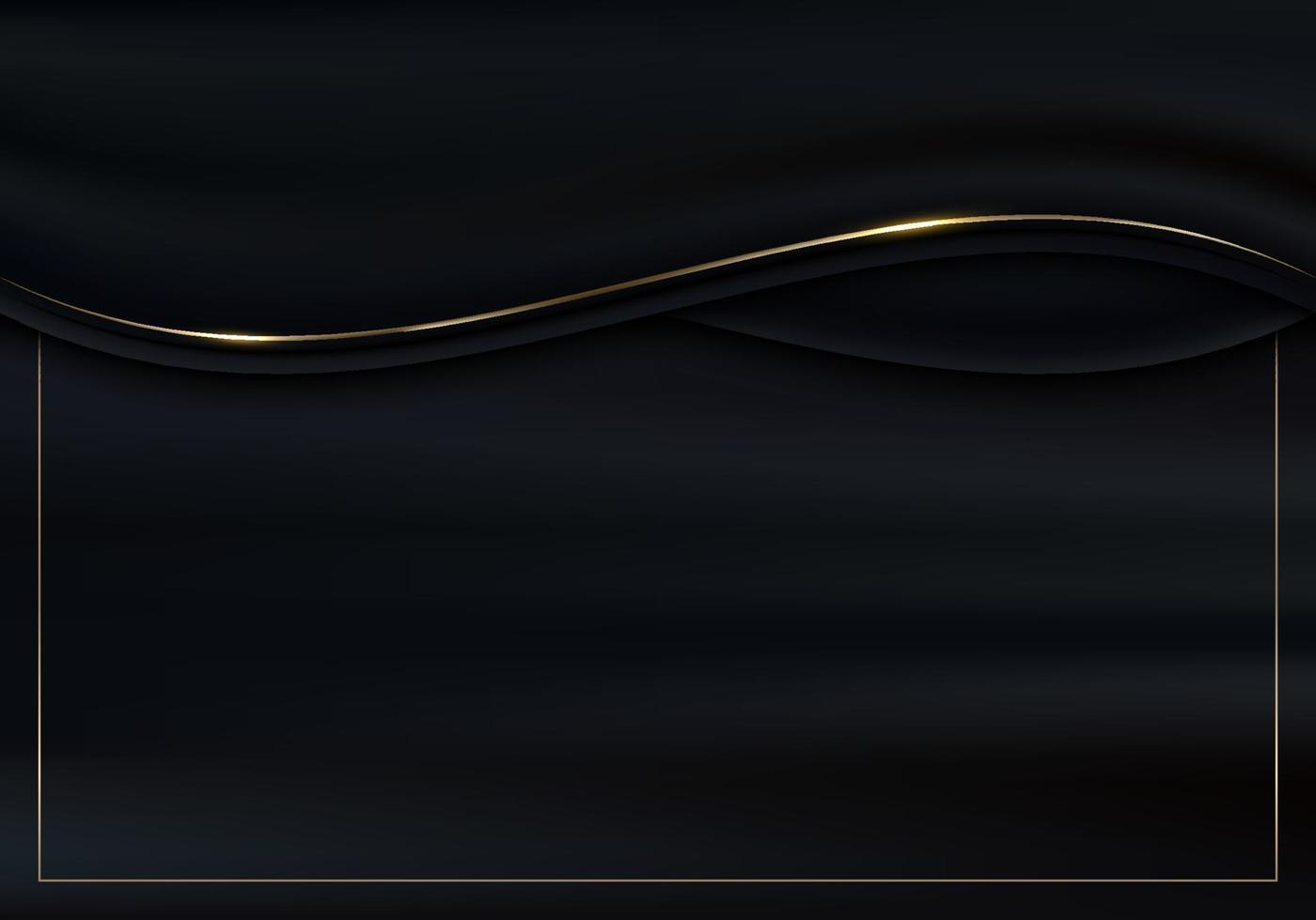 abstrakt 3d lyx svart Färg tyg satin Vinka rader med skinande guld böjd linje dekoration och gyllene ram glitter belysning på mörk bakgrund vektor