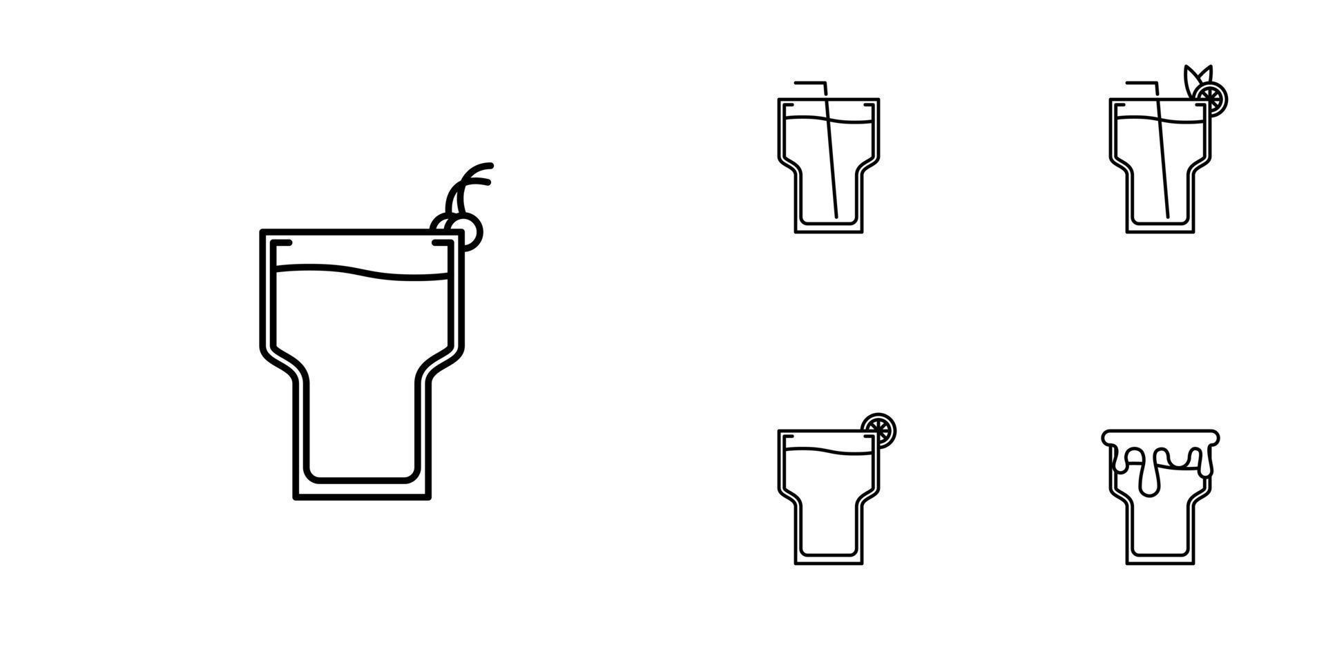 Fünf Sätze von High-Ball-Glasliniensymbolen. mit Strohhalm, Zitrone und Kirsche. Einfach, Linie, Silhouette und sauberer Stil. Schwarz und weiß. geeignet für Symbole, Zeichen, Icons oder Logos vektor