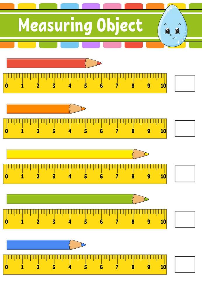 Messobjekt mit Lineal. arbeitsblatt zur bildungsentwicklung. Spiel für Kinder. Aktivitätsseite in Farbe. Puzzle für Kinder. süßer Charakter. Vektor-Illustration. Cartoon-Stil. vektor