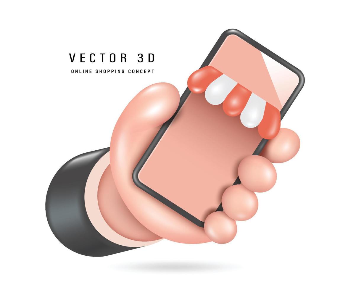 Hand, die einen Smartphone-Shop in Pastellrosa hält und nach vorne zeigt, Vektor 3d isoliert auf weißem Hintergrund minimalistischer Stil für Online-Shopping und Lieferung Werbekonzeptdesign