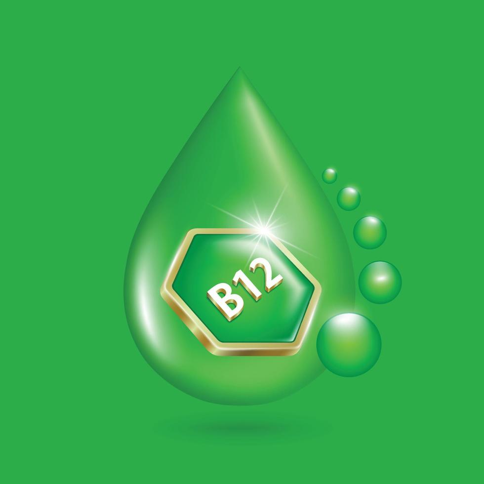 de hexagonformad grönt-guld vitamin b12 logotyp bricka är placerad på de vatten släppa sida. vektor