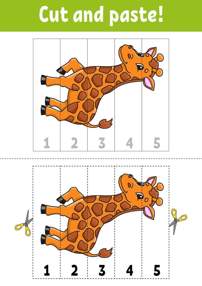 inlärning tal 1-5. giraff djur. skära och lim. Coon karaktär. utbildning utvecklande arbetsblad. spel för ungar. aktivitet sida. Färg isolerat vektor illustration.