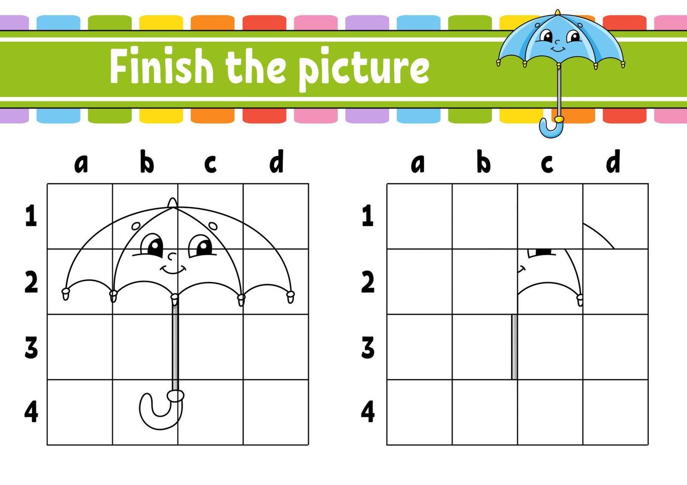 beende das Bild. Malbuchseiten für Kinder. Arbeitsblatt zur Bildungsentwicklung. Spiel für Kinder. Handschrift üben. Zeichentrickfigur. Vektor-Illustration. vektor