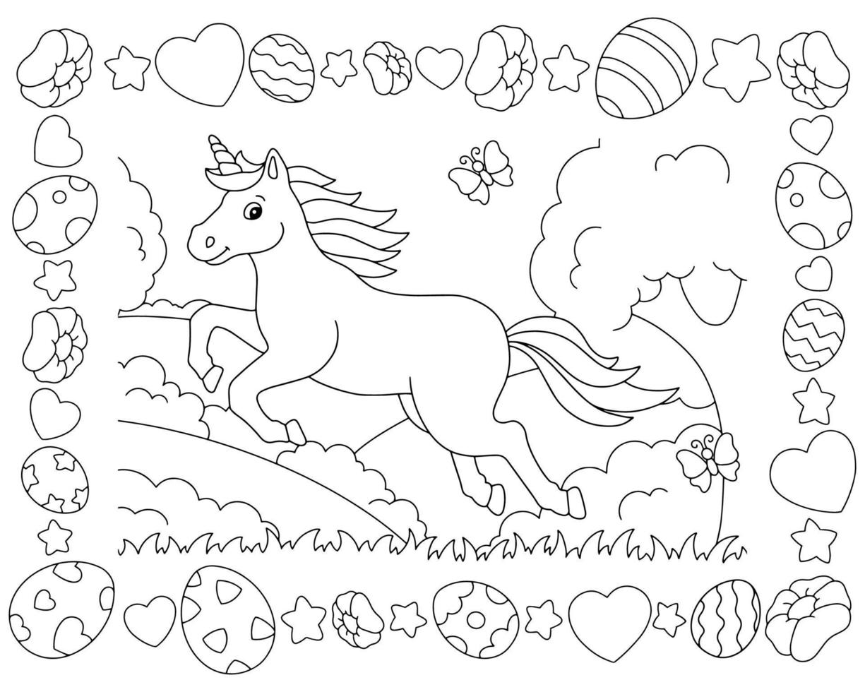 ein fröhliches Einhorn springt über die Lichtung. Osterrahmen. Malbuchseite für Kinder. Zeichentrickfigur. Vektor-Illustration isoliert auf weißem Hintergrund. vektor