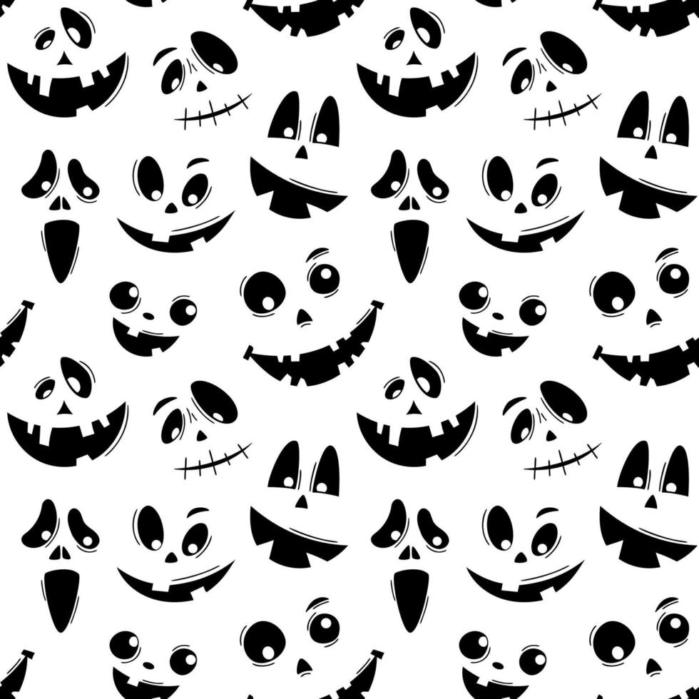 sömlös mönster med känslor halloween pumpor på vit bakgrund. rolig ansikten för klippbok digital papper, textil- skriva ut, sida fylla. vektor illustration