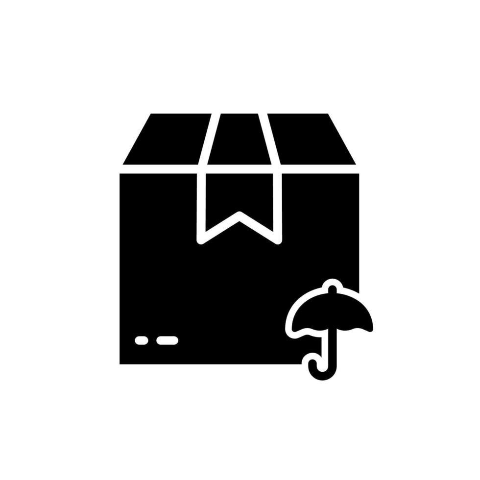 Vorsicht Schützen Sie das Silhouette-Symbol für den Versand von Trockenkartons. Paketkarton mit Glyphen-Piktogramm für die Regenschirmlieferung. Warnung Pflege Transport Post Pack Frachtsymbol. isolierte Vektorillustration. vektor