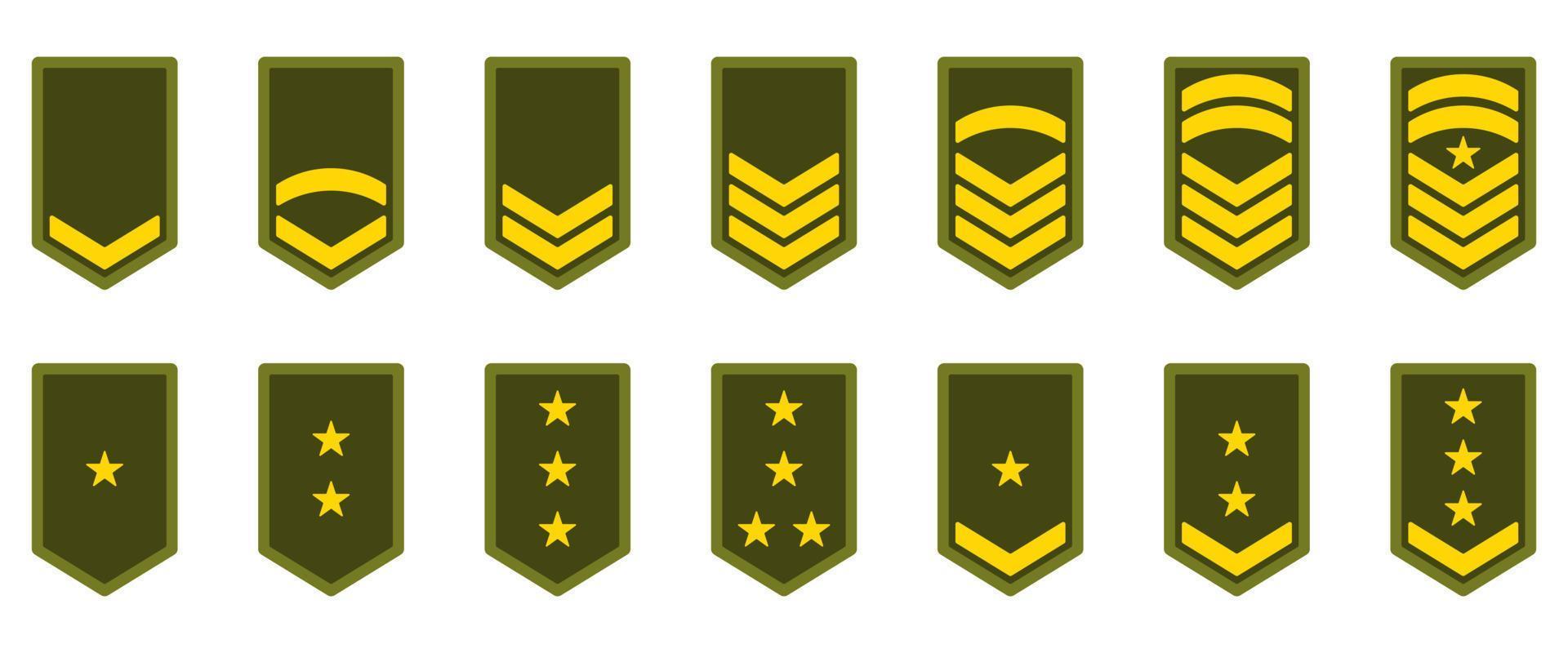 Militärabzeichen grünes Symbol. Armee-Rang-Symbol. Chevron gelbes Stern- und Streifenlogo. Soldat Sergeant, Major, Offizier, General, Leutnant, Oberst Emblem. isolierte Vektorillustration. vektor