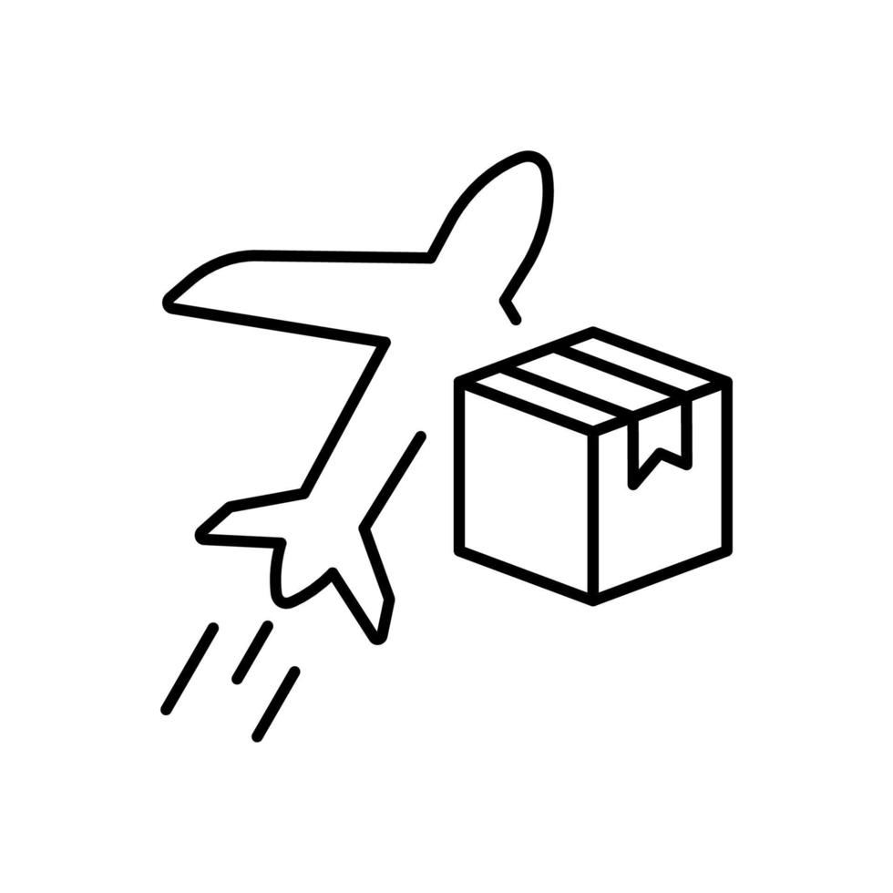 Air International Delivery Service Line-Symbol. Flugzeug liefern Paketkasten lineares Piktogramm. Frachtflugzeug Transport weltweit schnelle Lieferung Gliederungssymbol. editierbarer Strich. isolierte Vektorillustration. vektor