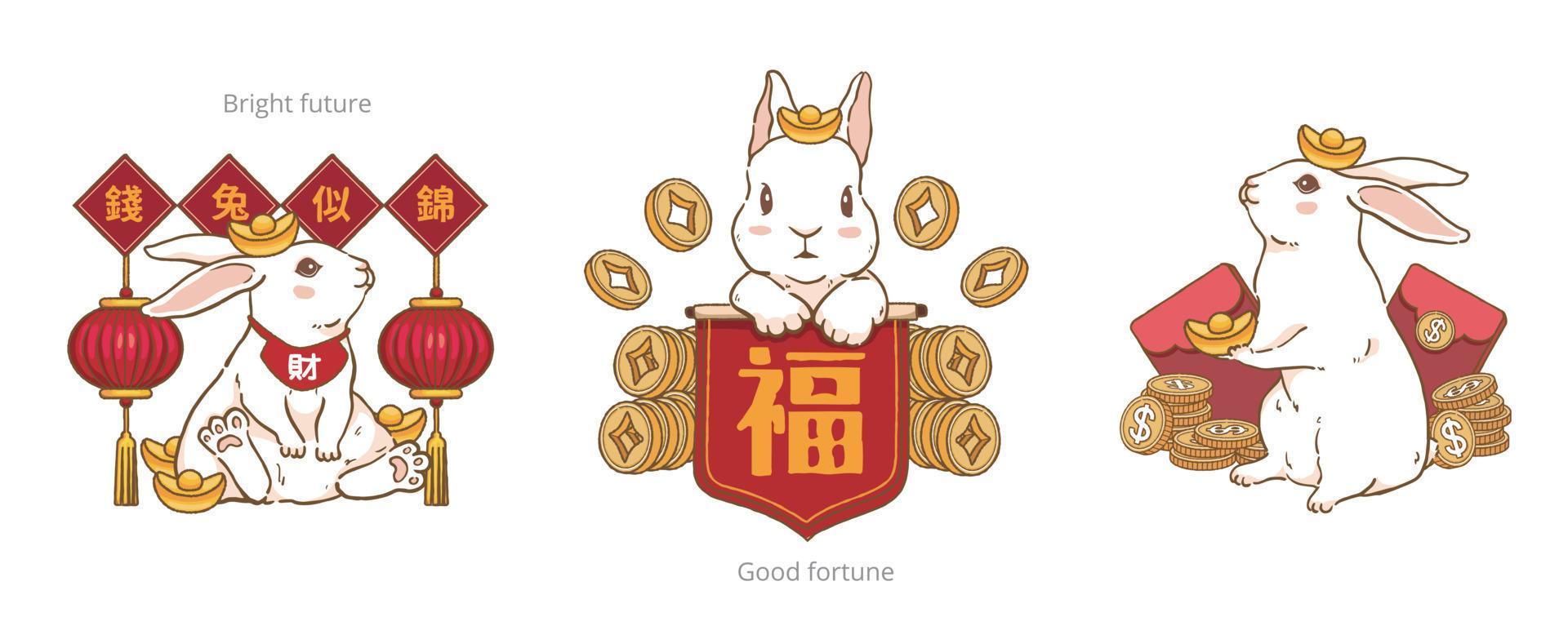 süßes kaninchen mit den roten frühlingspaaren sagen segen und glücklicher tiger begrüßen den frühling, um das chinesische neujahr und das neue mondjahr zu feiern vektor