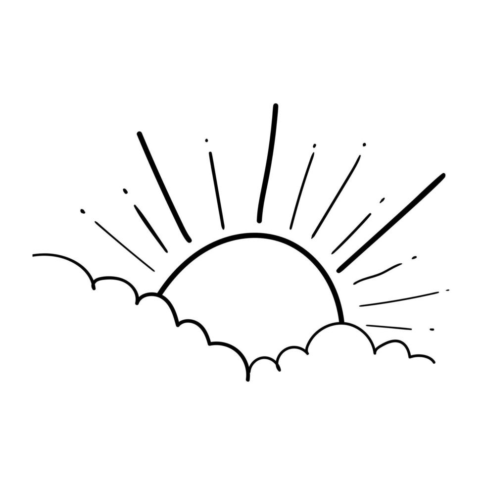 Sol och moln teckning i gravyr översikt stil. vektor illustration