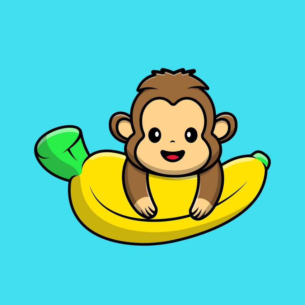 niedlicher affe auf banane fuit cartoon vektor symbole illustration. flaches karikaturkonzept. geeignet für jedes kreative Projekt.