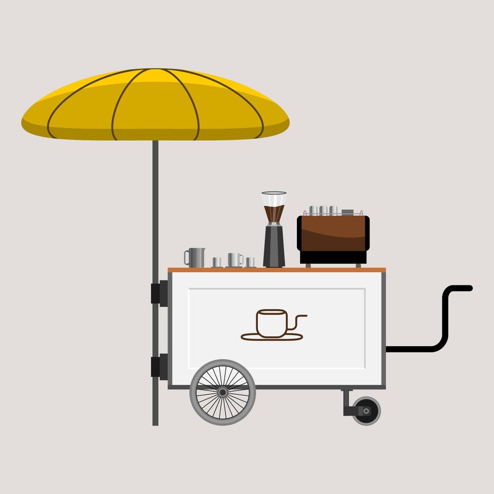 bearbeitbare isolierte mobile Mini-Kaffeewagen-Vektorillustration mit Regenschirm und Logo für Café-bezogenes Konzept vektor
