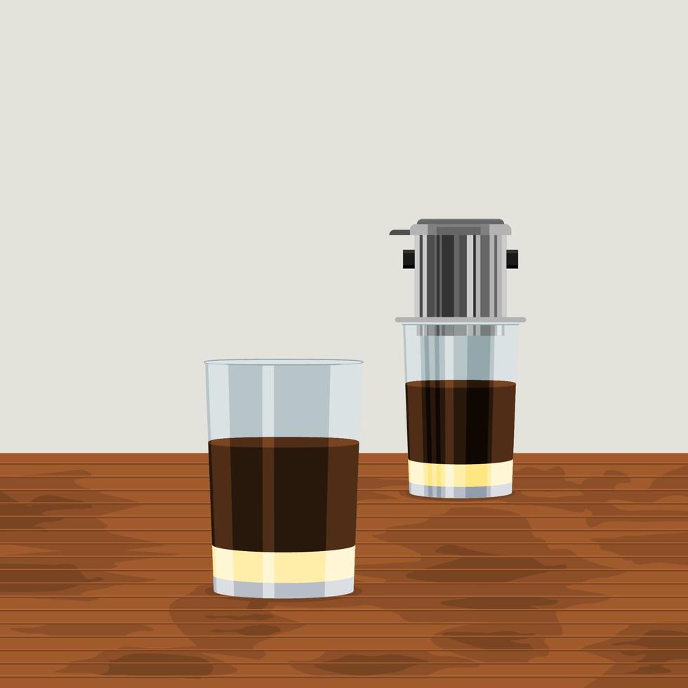 editierbarer vietnamesischer filterkaffee mit zwei glasbechern auf holztischvektorillustration für kunstwerkelement des cafés mit vietnamesischer kultur und tradition bezogenem design vektor