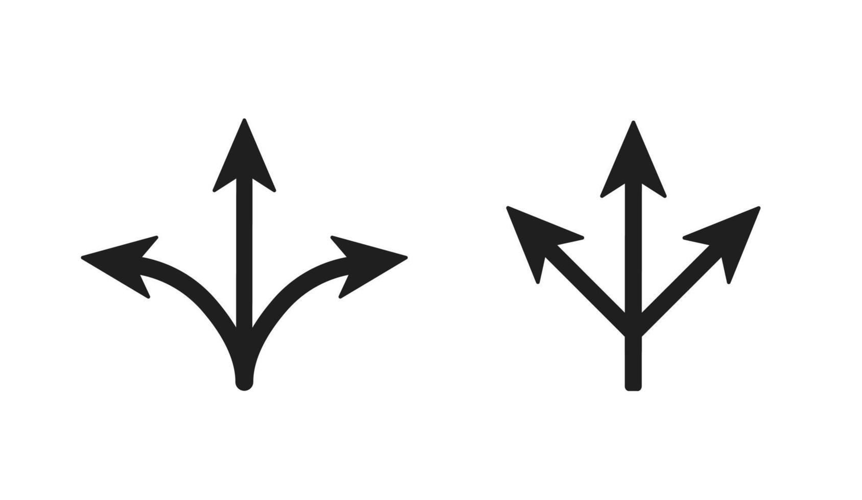 Drei-Wege-Pfeile-Zeiger. Richtungssymbol und gekreuzte Straßen Verkehrszeichen der Kreuzung Unmöglichkeit, Entscheidungen zu treffen Verwirrte Reise in die Vektorunsicherheit. vektor
