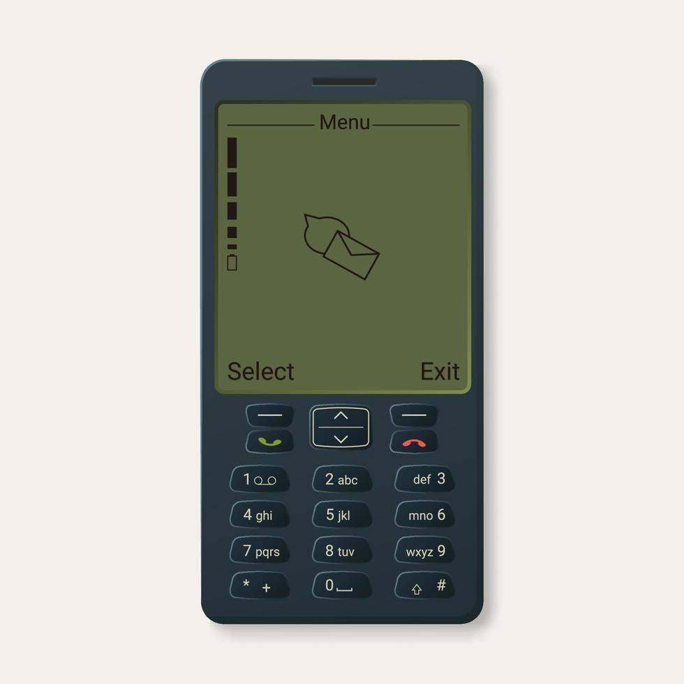 retro mobil telefon. gammal knapp grej med digital kuvert vektor