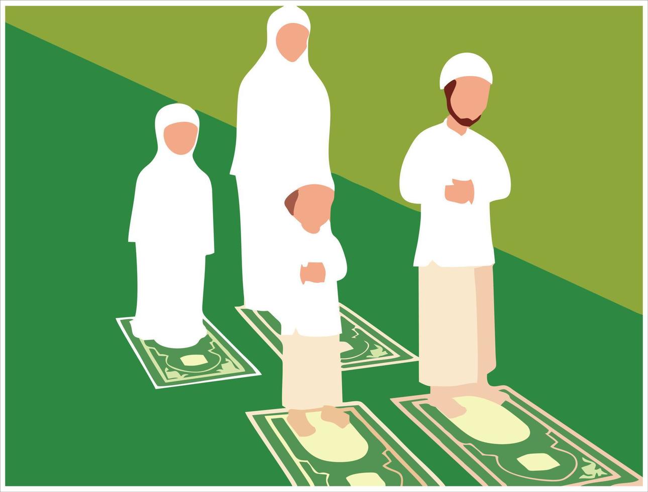 Illustration des gemeinsamen Betens mit der Familie. der Vater ist der Imam und die Familienmitglieder sind der Makmum. privater Gebetsraum zu Hause. religiöse Tapeten vektor