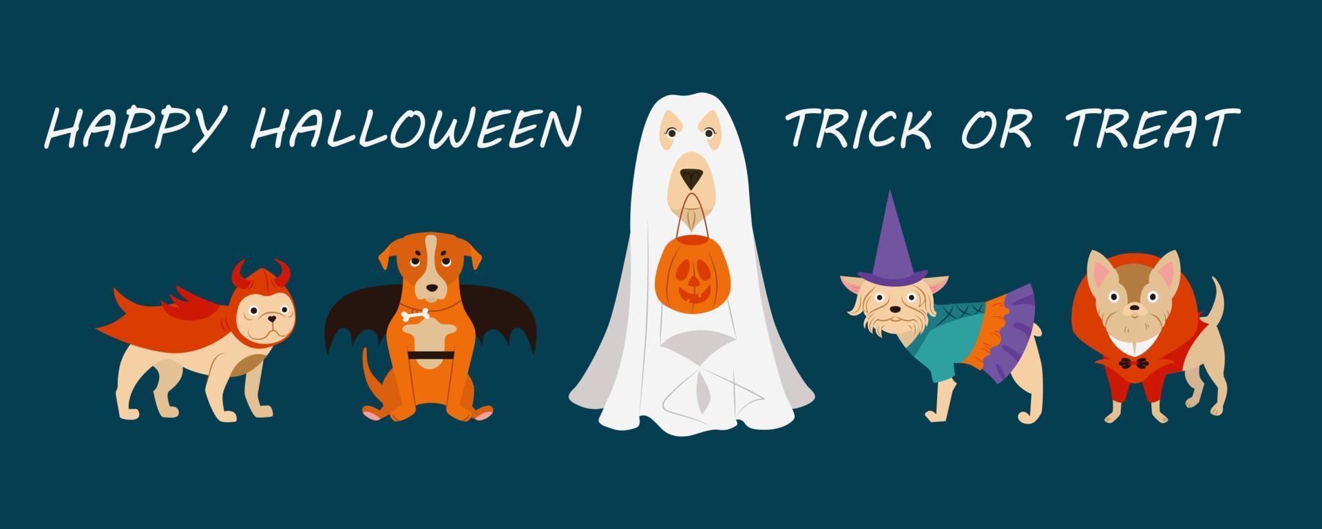 süße hunde verschiedener rassen in halloween-kostümen. lustige haustiere, die für den karnevalsteil gekleidet sind. feiertagsfeierkarikaturart-vektorillustration vektor