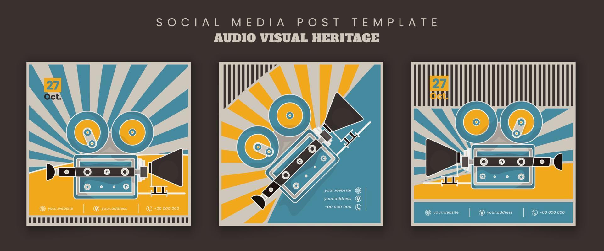 uppsättning av social media posta mall med platt kamera vektor illustration för audio visuell arv dag