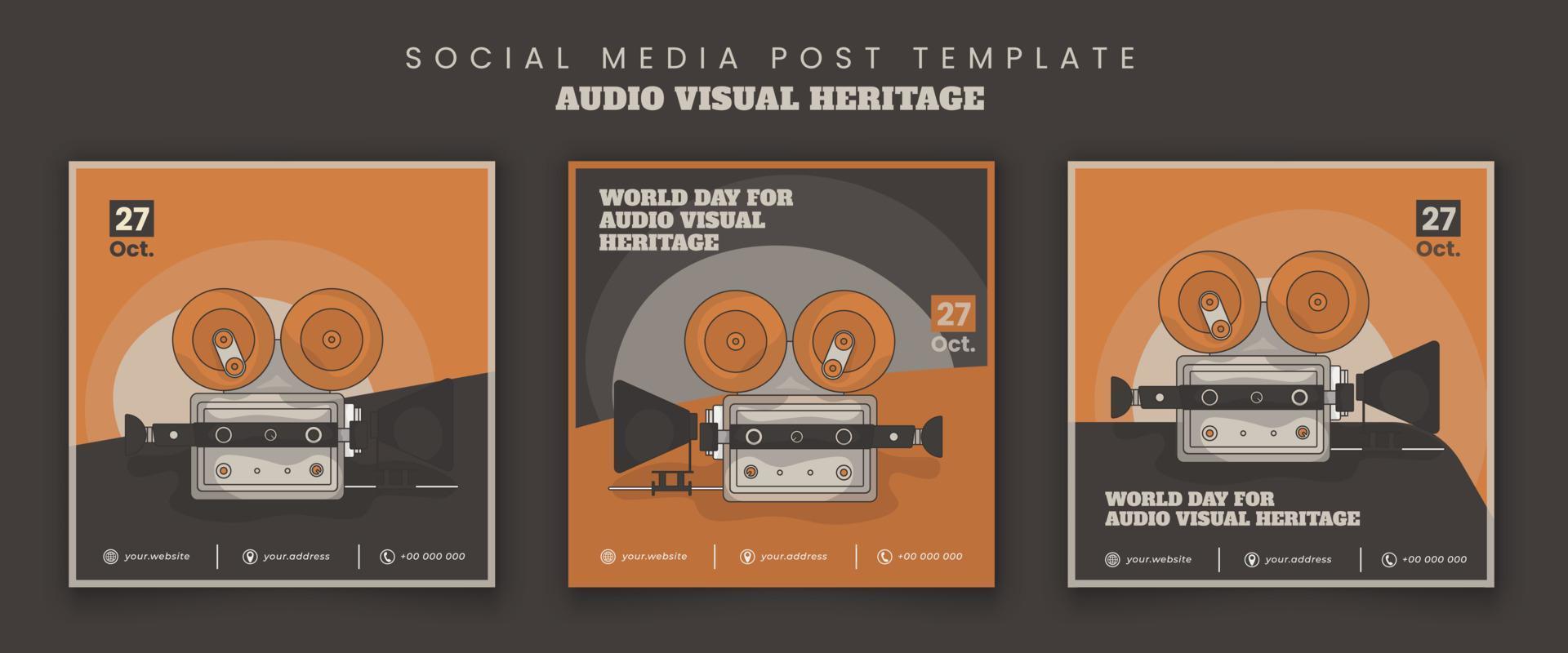 Social-Media-Vorlage mit Vintage-Videokamera im Cartoon-Design für den Tag des audiovisuellen Erbes vektor