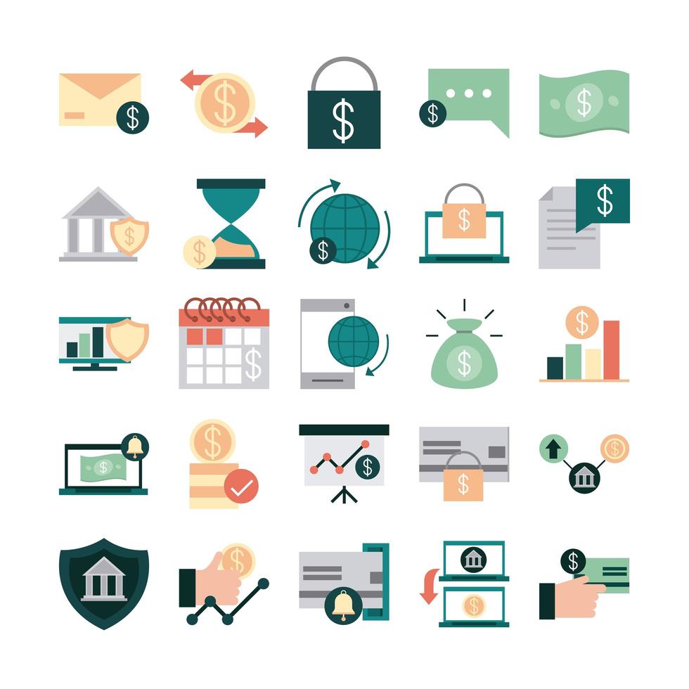 Online-Geld und mobile Finanzen Flat Icon Pack vektor