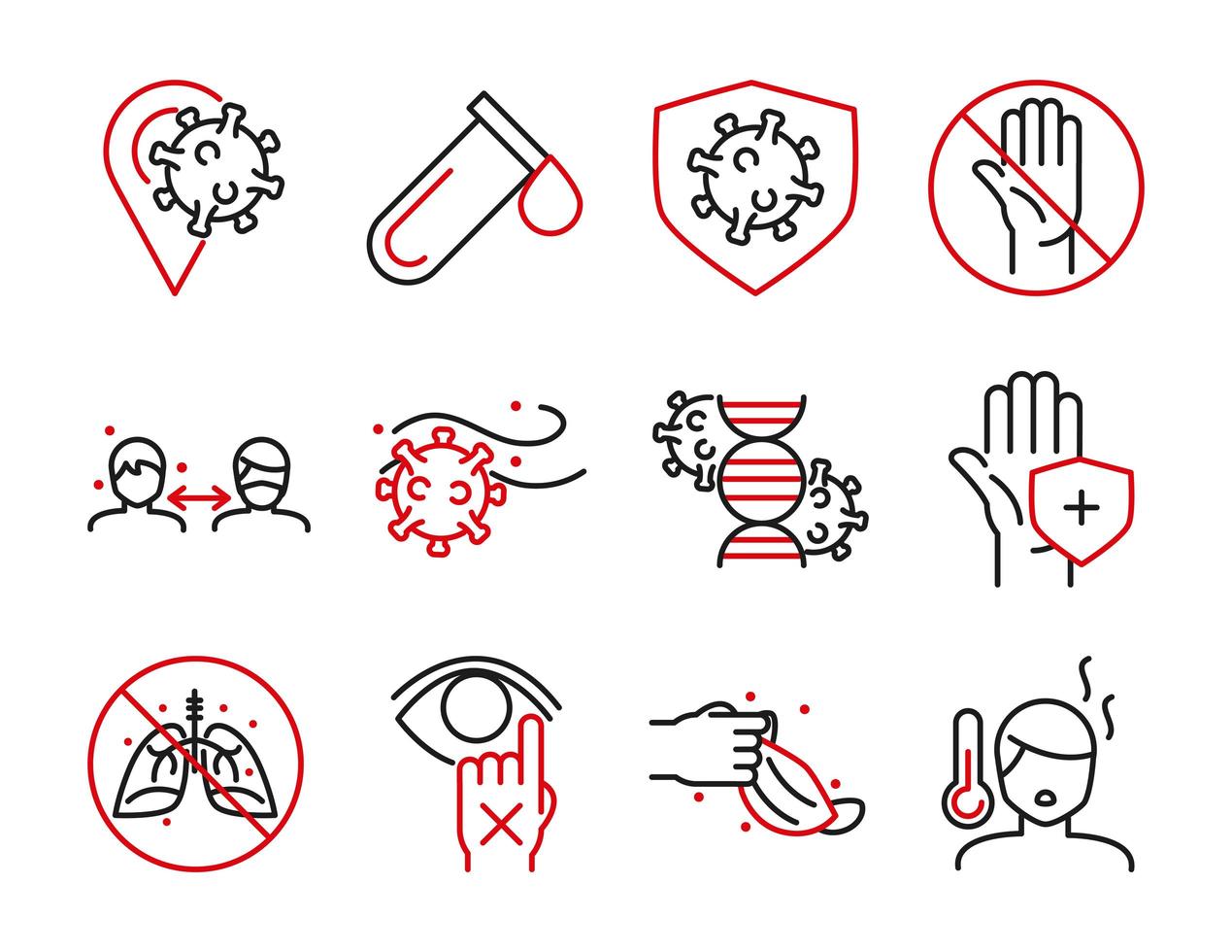 Packung medizinische Versorgung und Virusinfektion zweifarbige Piktogramm-Symbole vektor