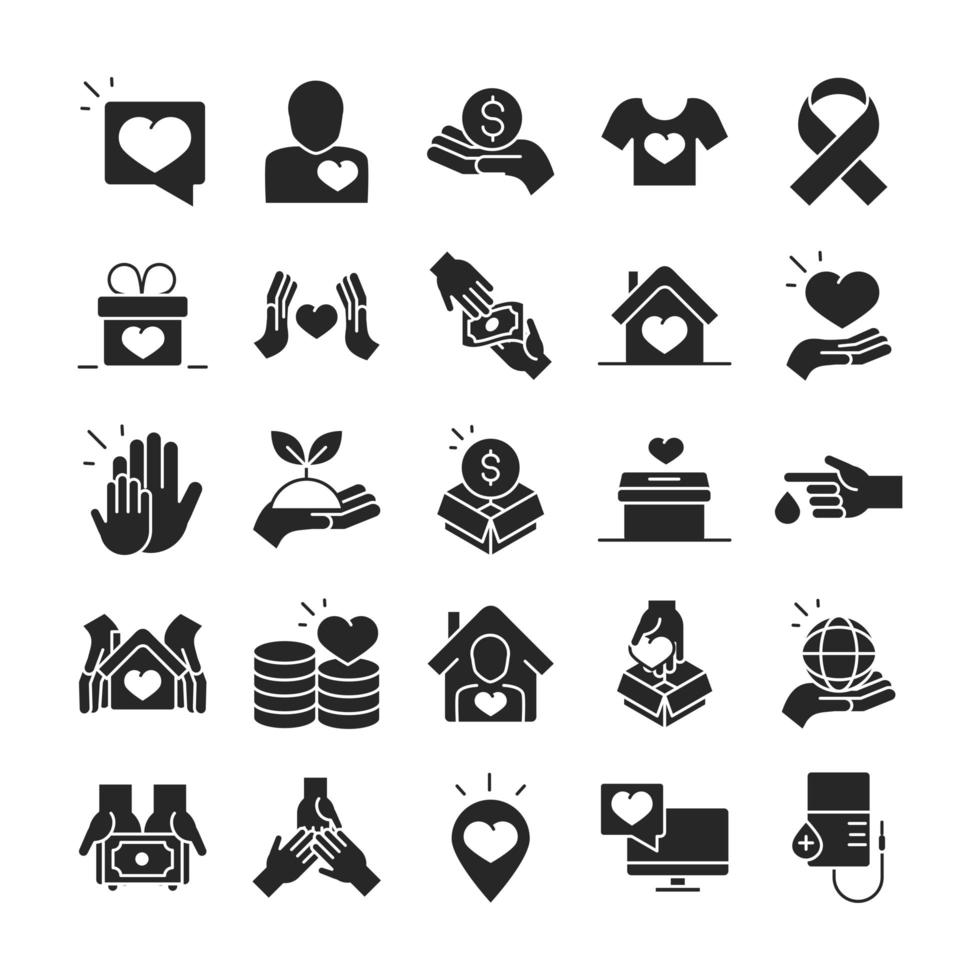 Spende für Wohltätigkeit und Sozialhilfe Silhouette Icon Collection vektor