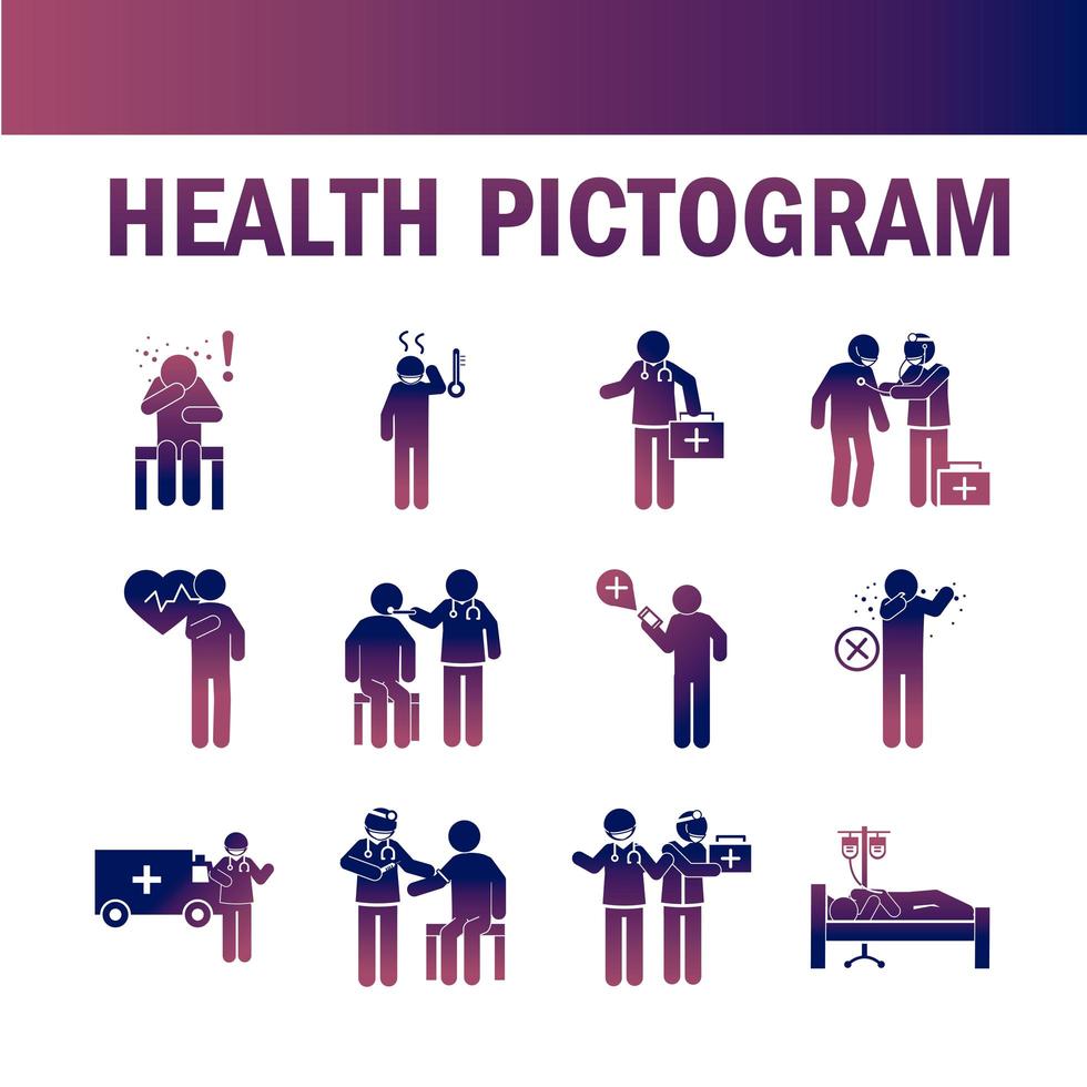 hälso-piktogram och medicinsk ikonsamling i tonad färg vektor
