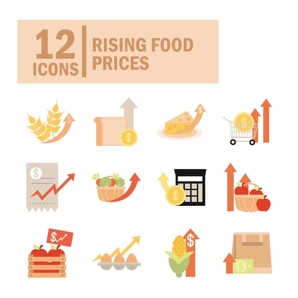 steigende Lebensmittelpreise kommerzielles Icon-Set vektor