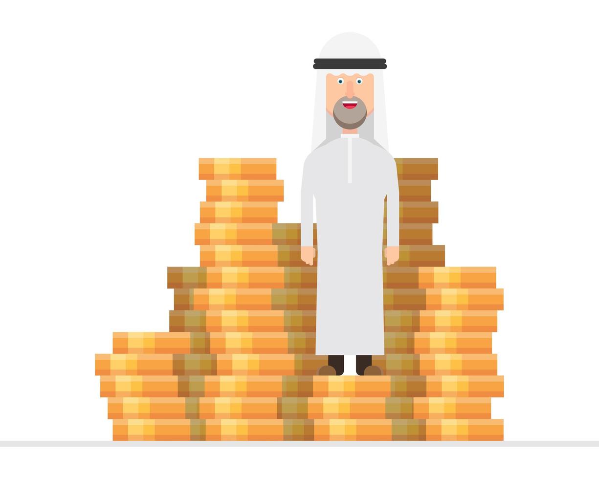arabisk affärsman som står på en enorm hög med pengar vektor