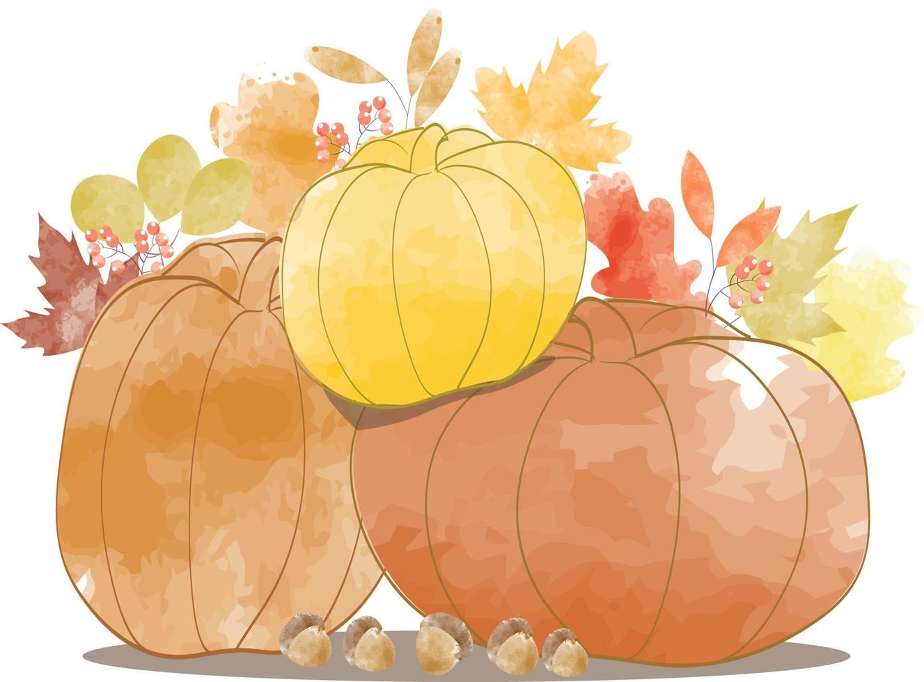 satz bunte herbstblätter, eichel und kürbisse im aquarellstil. Herbstdesignillustrationsvektor für Dekoration vektor