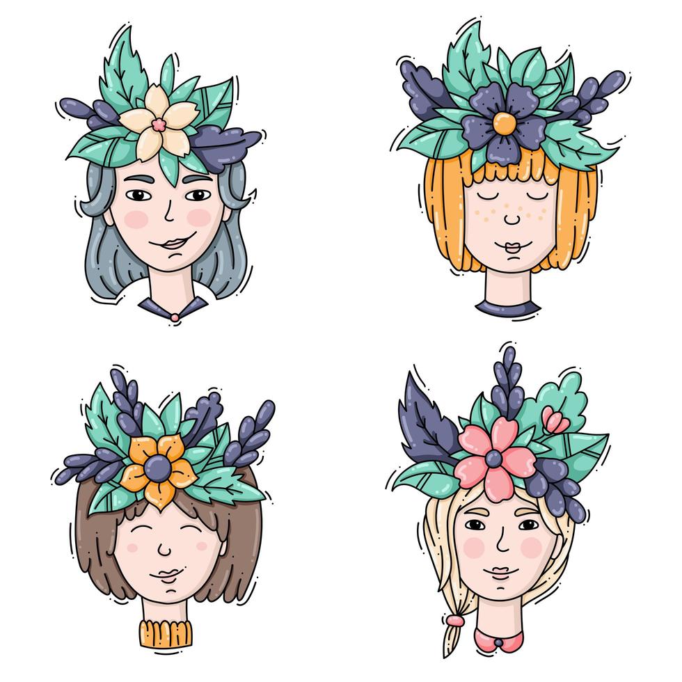 uppsättning flickors huvuden med blommakronor vektor