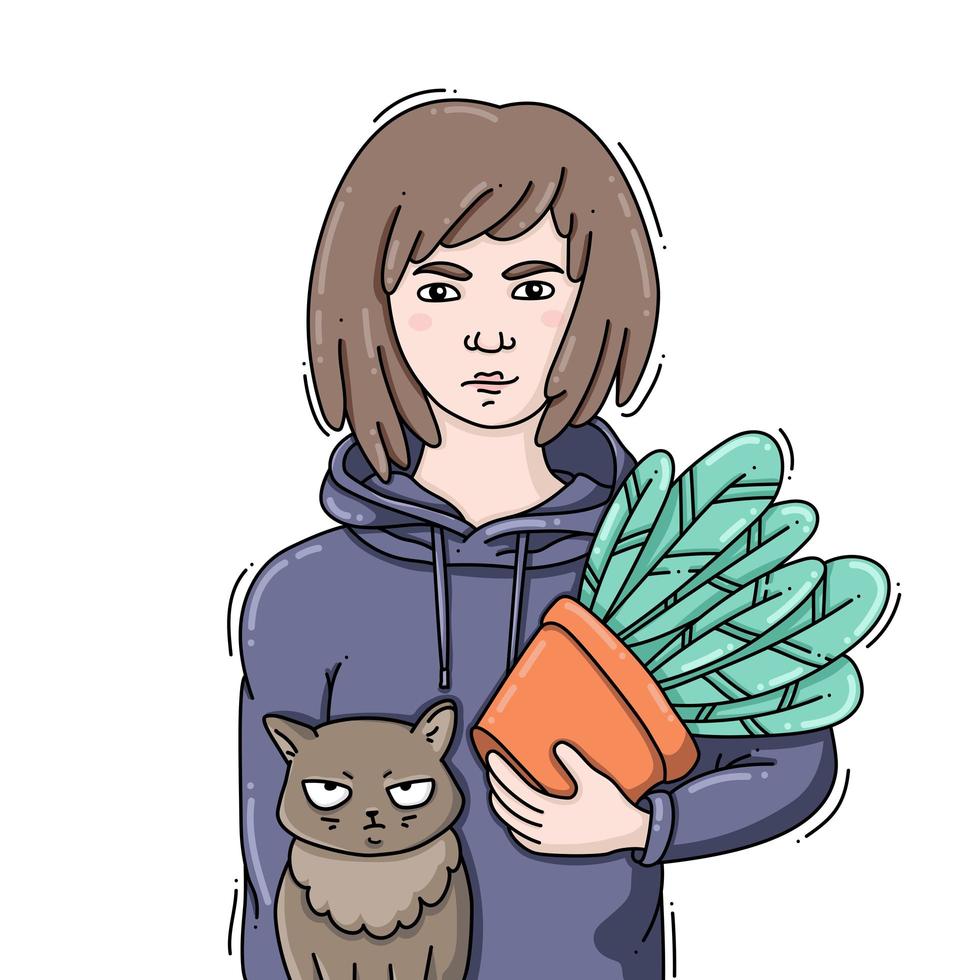 junge Frau, die eine Topfpflanze mit einer lustigen Katze hält vektor