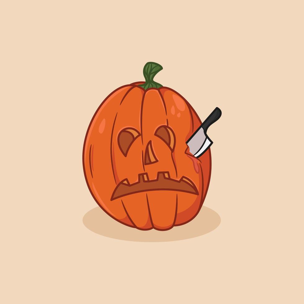 niedliche illustration von halloween-kürbis mit messer stecken, karikaturikone vektor