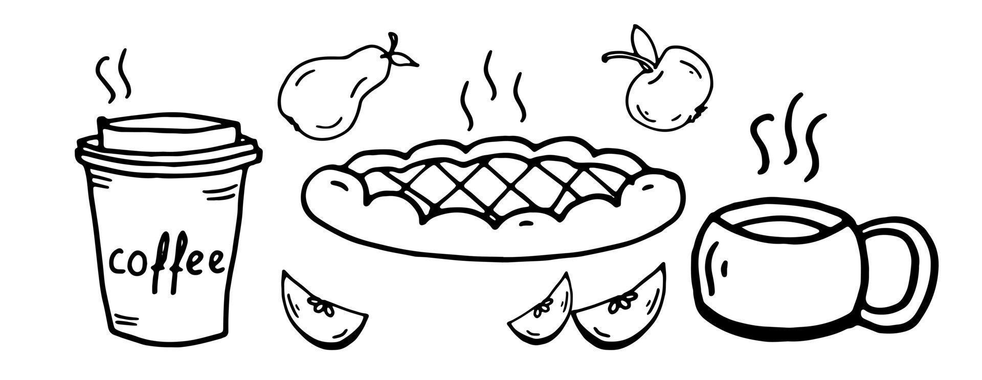 set doodle pie herbst happy fall you all. heißer tee, kaffee, kuchen, apfel und birne. geeignet für Postkarten und Illustrationen von Websites und sozialen Netzwerken vektor