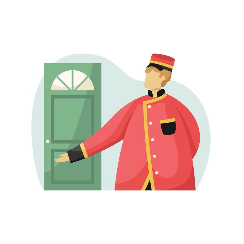 vektor illustration av de dörrvakt på de dörr. de gästfrihet företag. yrke. platt stil