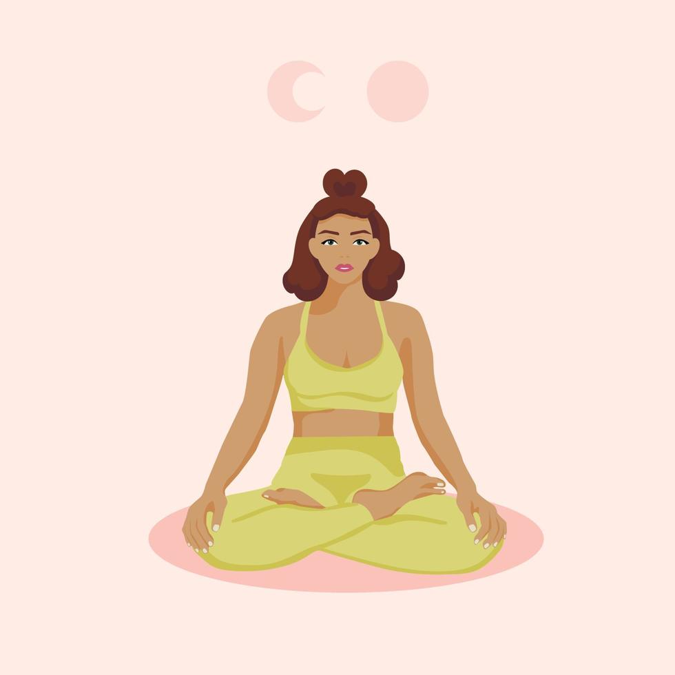 Cartoon-Mädchen praktiziert Yoga. Vektorillustration mit rosa Hintergrund. Lotus-Pose. junge Frau meditiert. Sonne und Mond. vektor