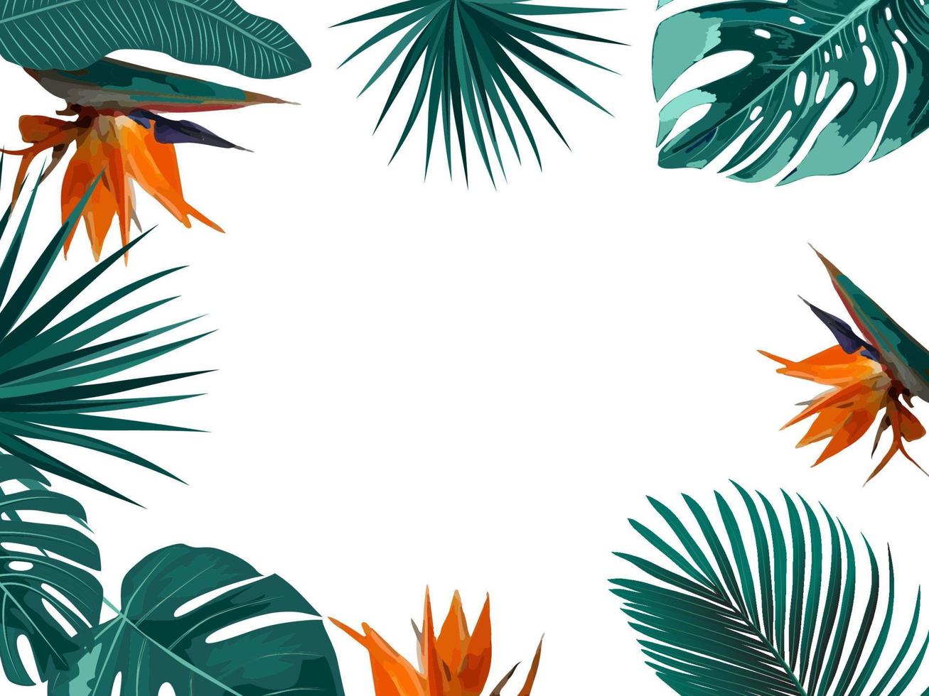 Vektor tropischer Dschungelrahmen mit Palmen, Blumen und Blättern auf weißem Hintergrund
