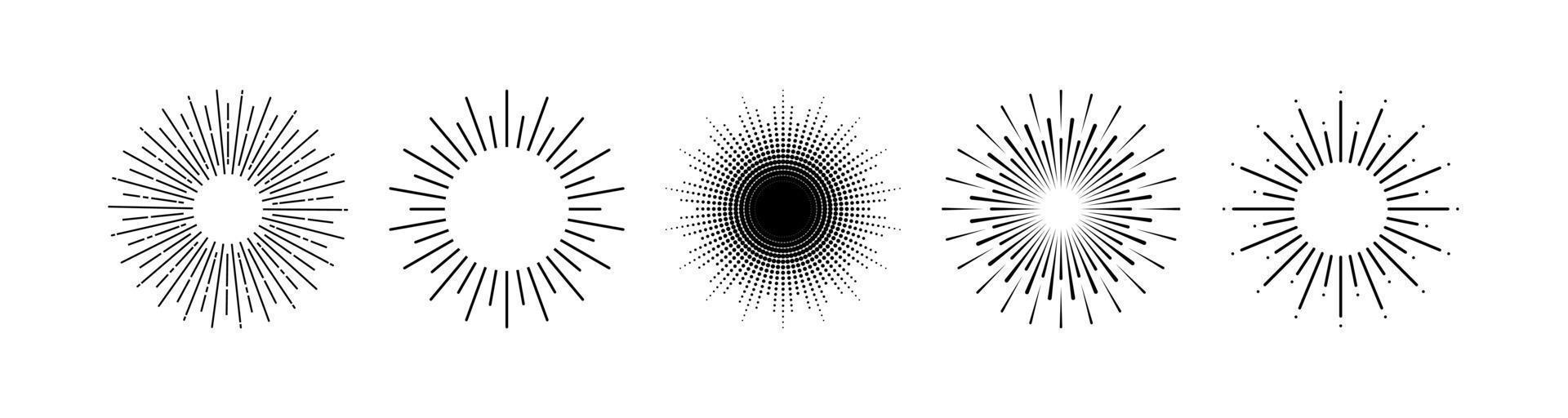 Sammlung Sonnenstrahlen schwarze Symbole isoliert auf weißem Hintergrund. Folge10 vektor
