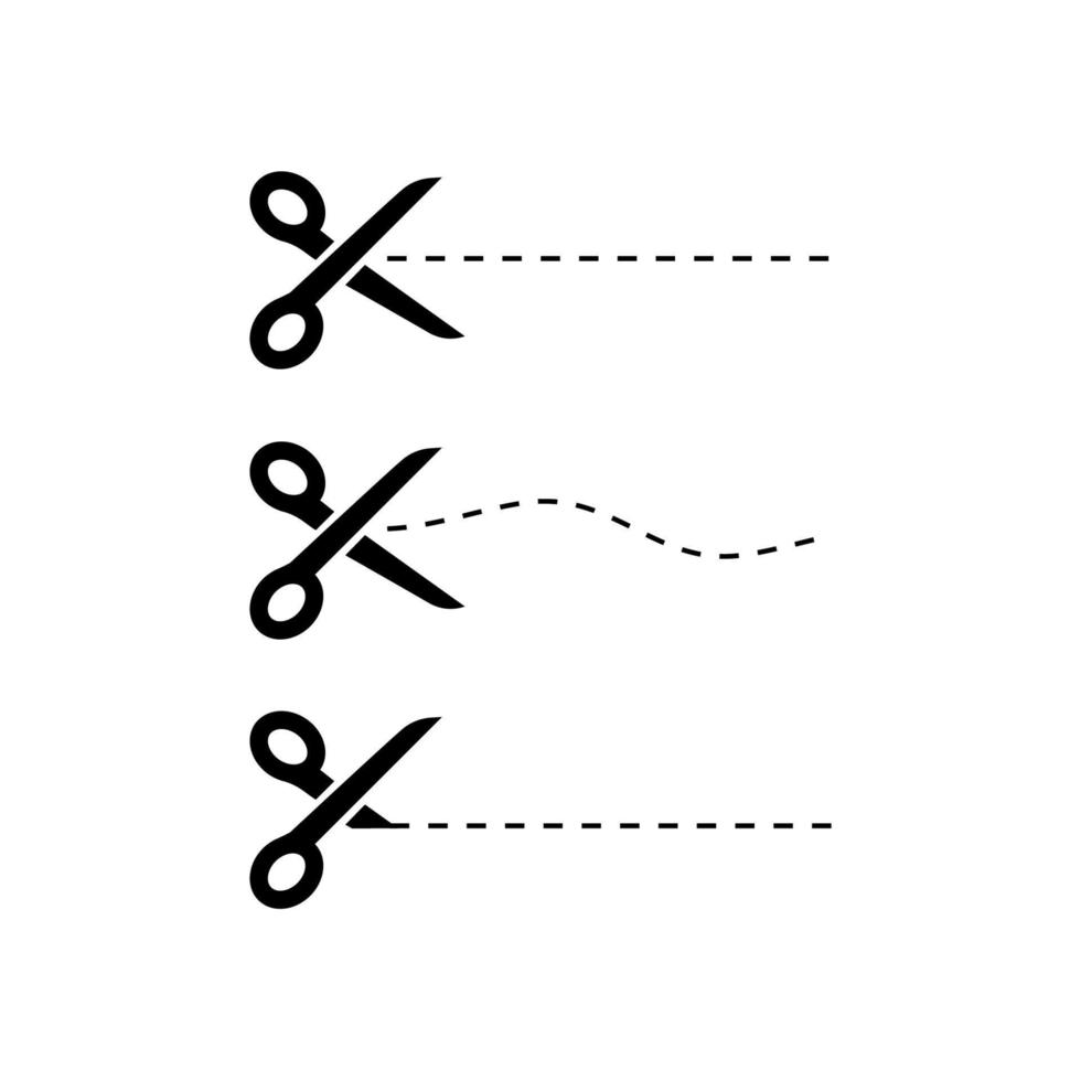 schwarze Scherensymbole mit Schnittlinien auf weißem Hintergrund. Schere-Symbol. Folge10 vektor