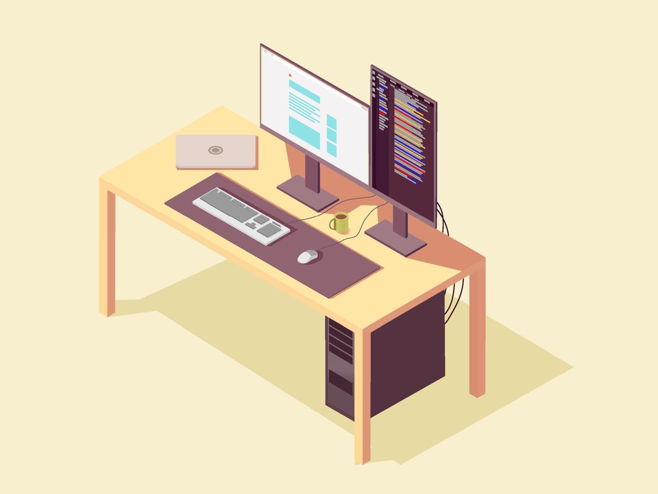 webentwicklungskonzept, programmierung und codierung.computer setup.3d vorstädtische isometrische illustration.isolierter vektor