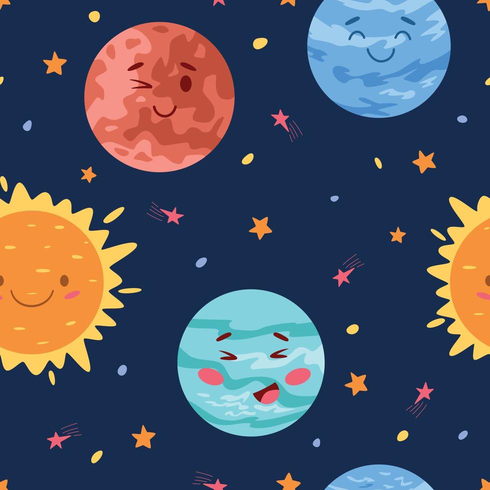 barnslig sömlös mönster med söt planeter på en mörk bakgrund. kön neutral mönster. stock vektor illustration.