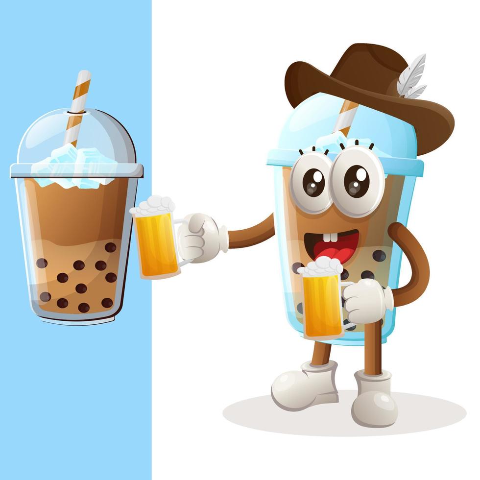 süßes bubble tea maskottchen feiert oktoberfest mit bier vektor