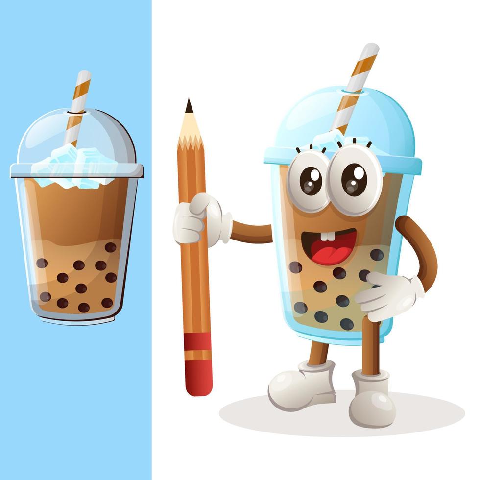 süßes bubble tea maskottchen mit bleistift vektor