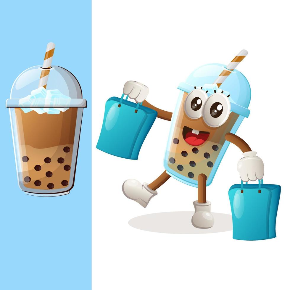 süßes Bubble Tea Maskottchen viel Spaß beim Einkaufen vektor