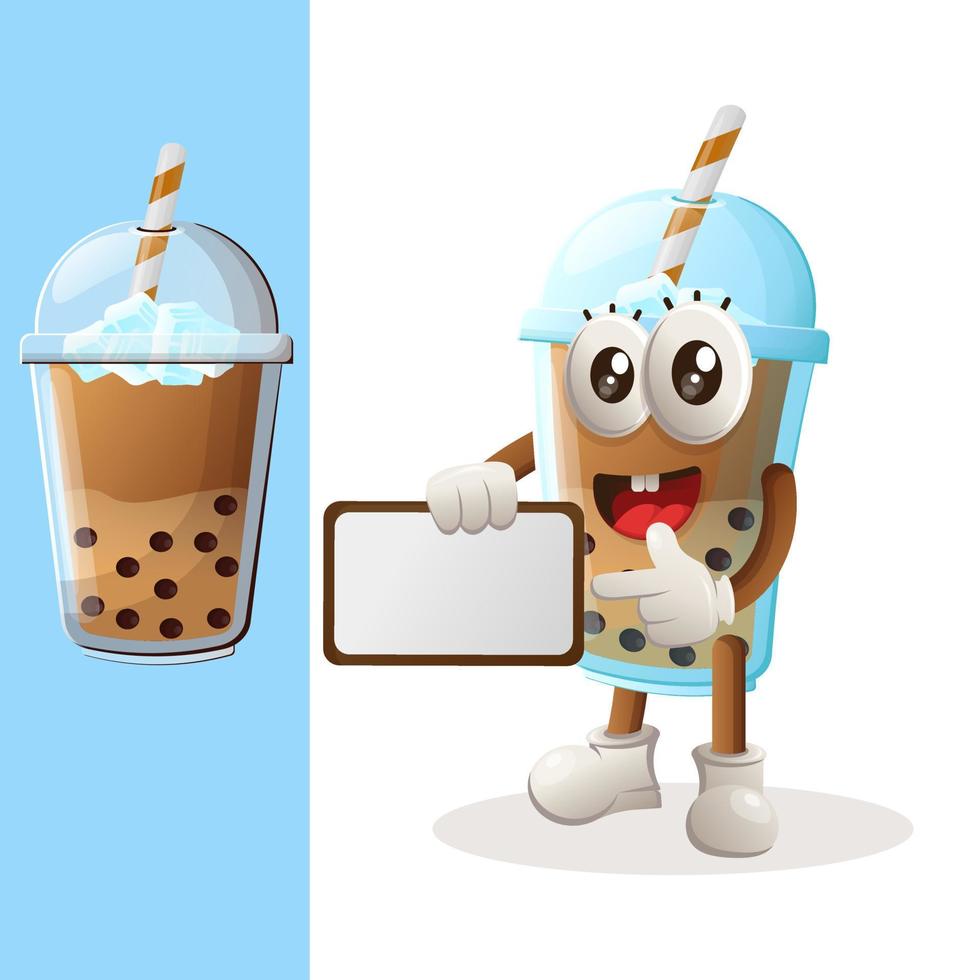 süßes bubble tea-maskottchen, das plakate zum verkauf hält, schild vektor