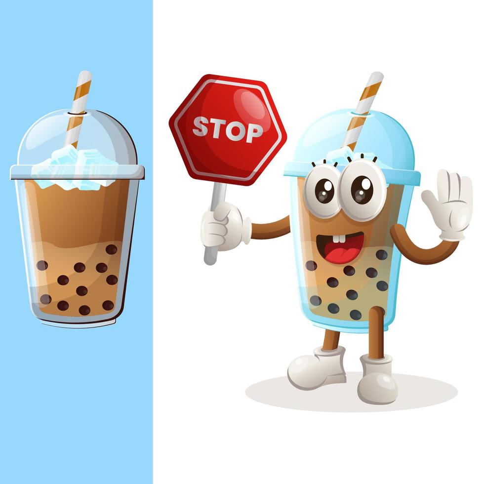 süßes bubble tea maskottchen mit stoppschild, straßenschild, straßenschild vektor