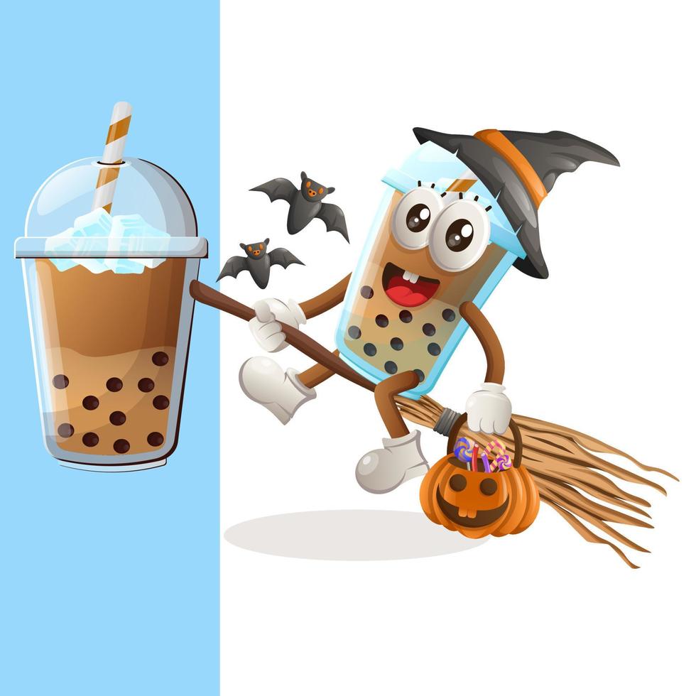 süße bubble tea maskottchen hexe mit halloween kürbis vektor