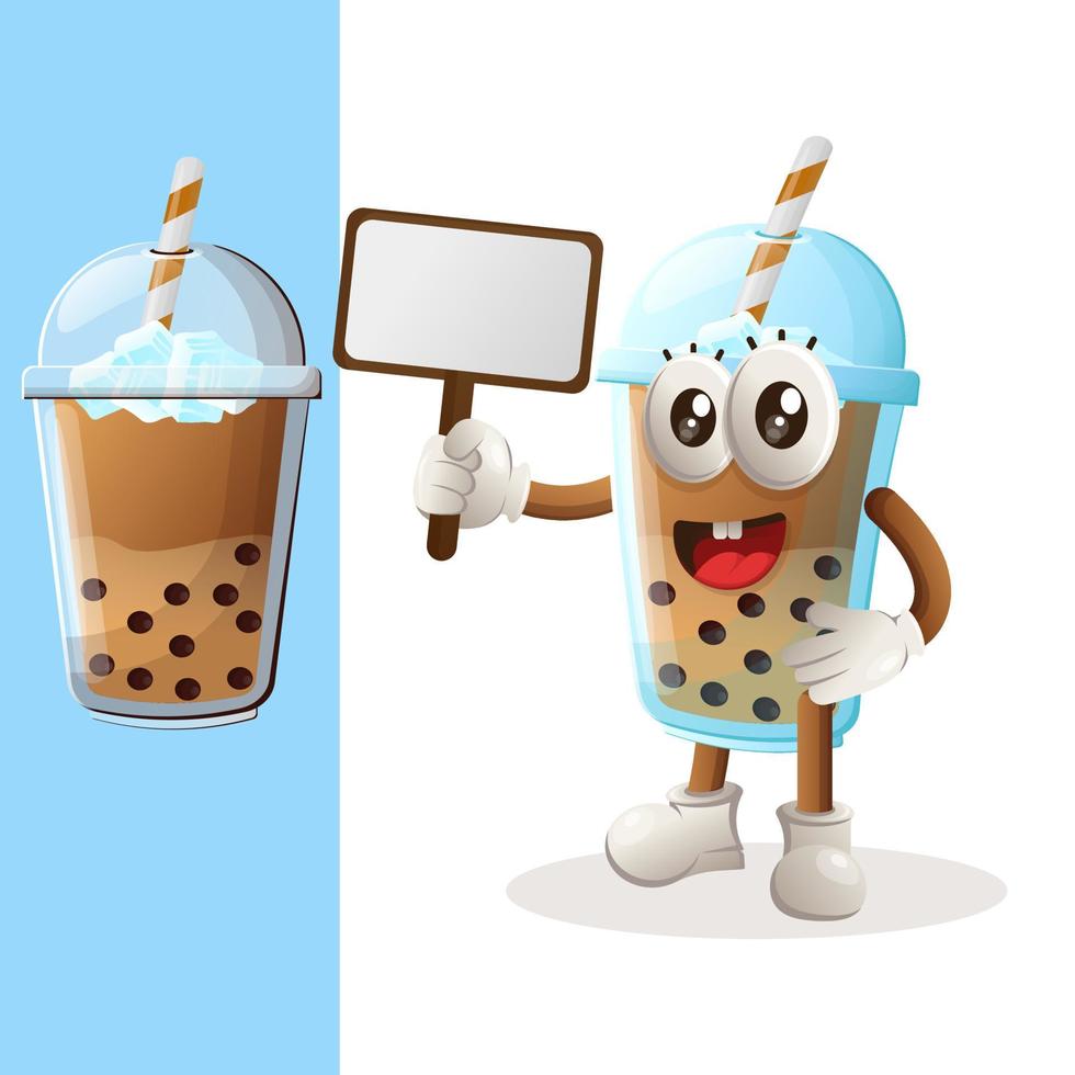 süßes bubble tea-maskottchen, das plakate zum verkauf hält vektor